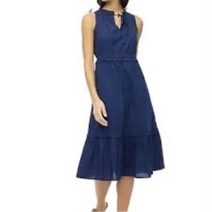 J Crew Navy Blue Cotton Ruffle Neck Tie Waist Midi Dress Size 10